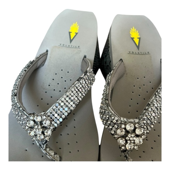 Y2K Volatile Gray Snake Print & Silver Embellished Rhinestone Wedge Sandals 7 - Picture 3 of 4